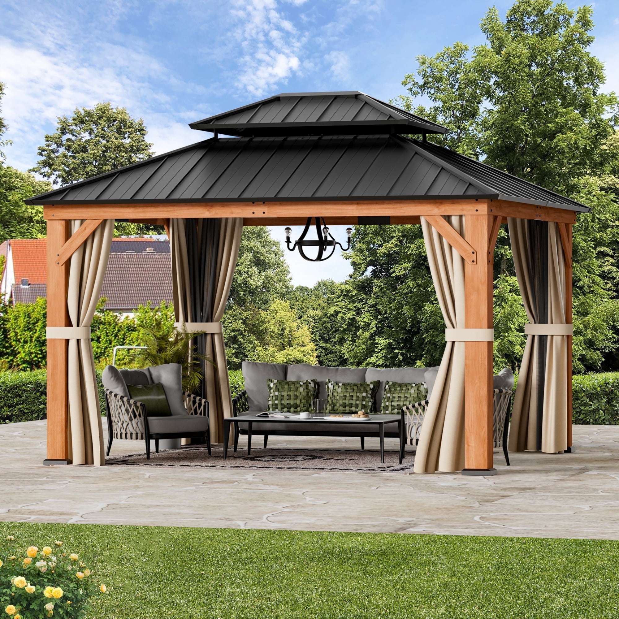 Modern Shade 11x13 Wood Gazebo,Cedar Framed Wooden Hard-Top Gazebo