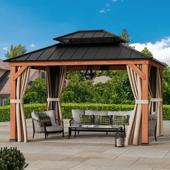 Modern Shade Rosewood Wood Gazebo - 11' x 13' Cedar Framed Double Steel Roof Permanent Patio Gazebo