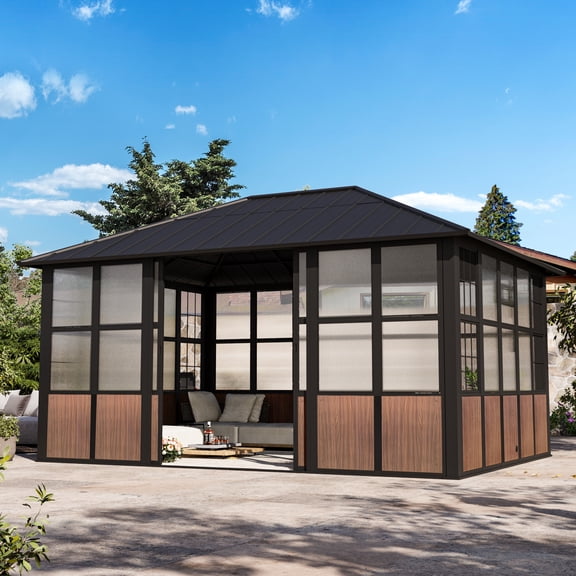 Modern Shade 12'x16' Hardtop Sunroom Gazebo, Aluminum Frame, Galvanized Steel Roof, TV Mount, Sliding Doors, Wood Grain Finish, All-Weather Screen House for Patio