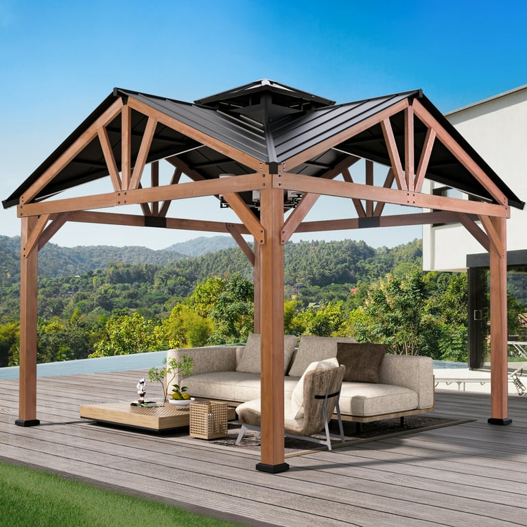 Modern Shade 12 x 12 Cedar Solid Wood Hardtop Gazebo with A Galvanized Steel Peak Roof Canopy Perfect for Your Permanent Outdoor Pavilion Size 12