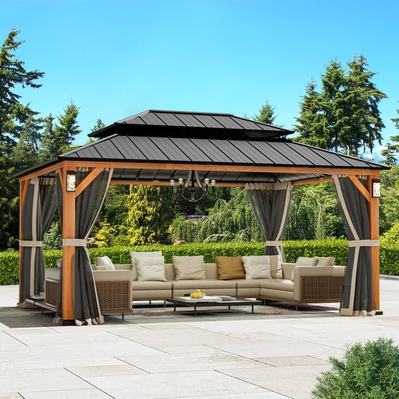 Modern Shade Hardtop Gazebo 12' x 16' with 4 LED Lights, Permanent Gazebo with Double Galvanized Steel Roof for Outdoor Backyard, Brown