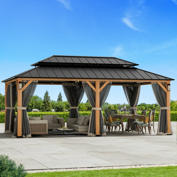 Modern Shade Hardtop Gazebo 12' x 20' with 4 LED Lights, Permanent Gazebo with Double Galvanized Steel Roof for Outdoor Backyard, Brown