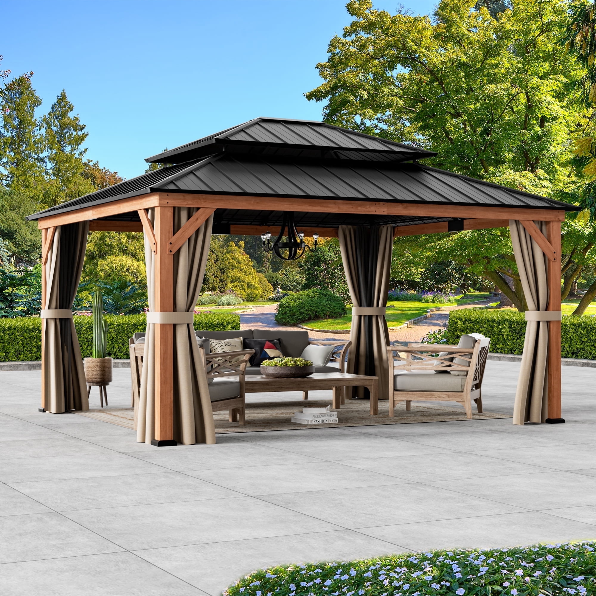 Modern Shade 13'x15'Outdoor Cedar Wood Hardtop Gazebo with Double Steel