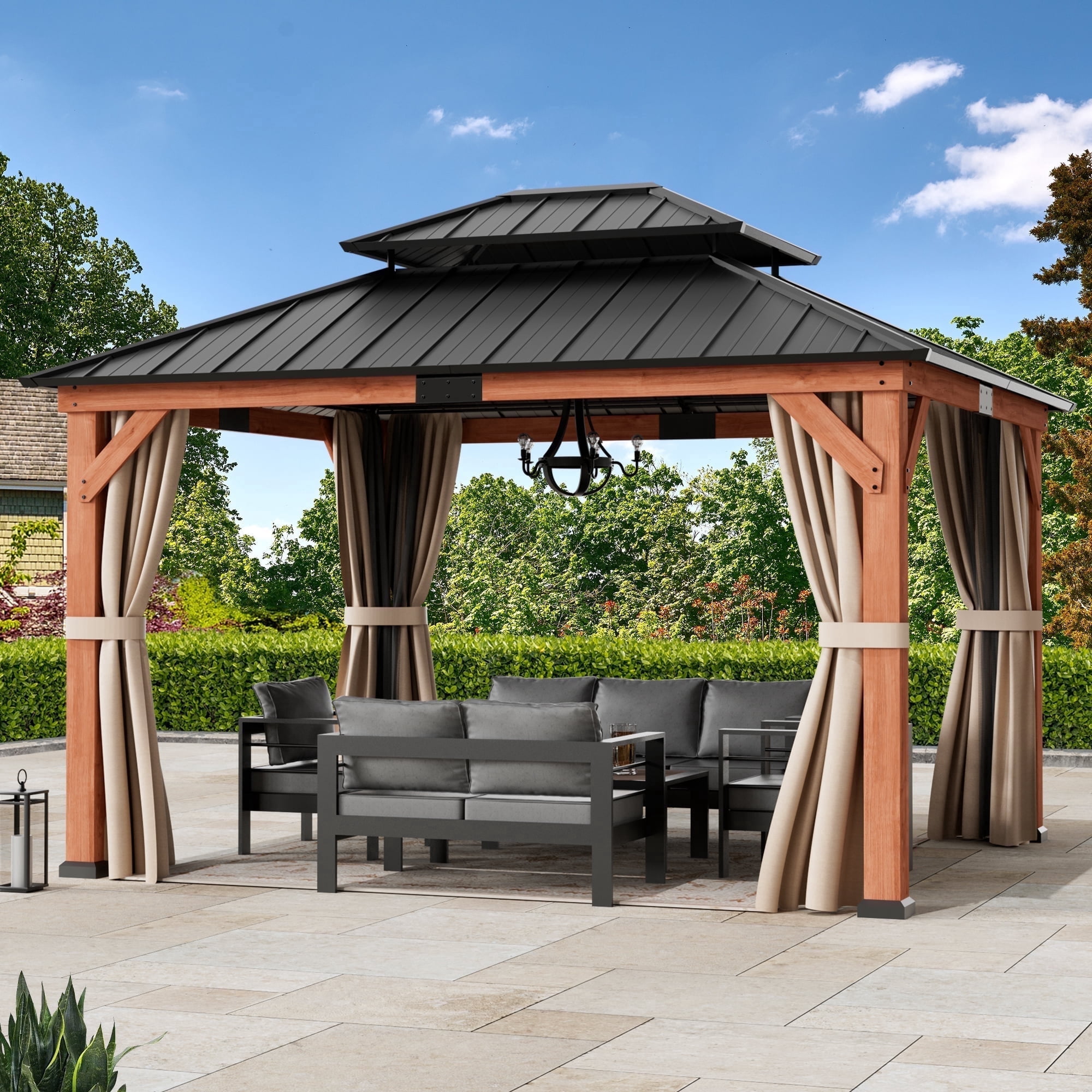 Modern Shade 13'x15'Outdoor Cedar Wood Hardtop Gazebo with Double