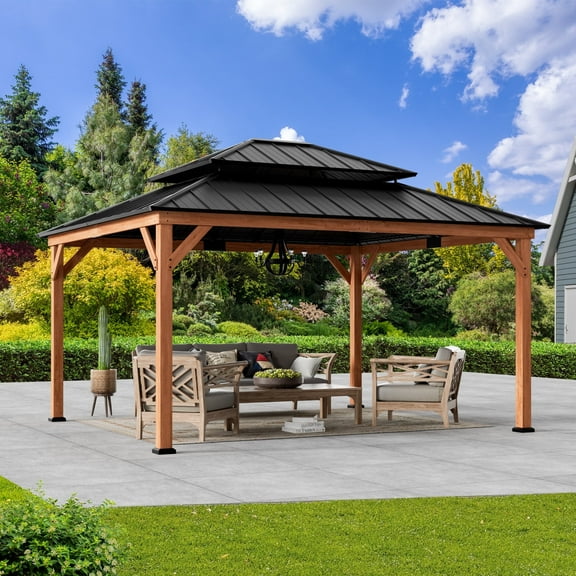Modern Shade 13'x15'Outdoor Cedar Wood Hardtop Gazebo with Double Steel Roof, Hooks, for Backyard, Patio or Deck
