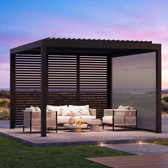 Modern Shade Aurora 10x10 Louvered Pergola Black Adjustable Waterproof Roof with Drainage Pull Down Screens USB Port Sturdy Frame for Patio