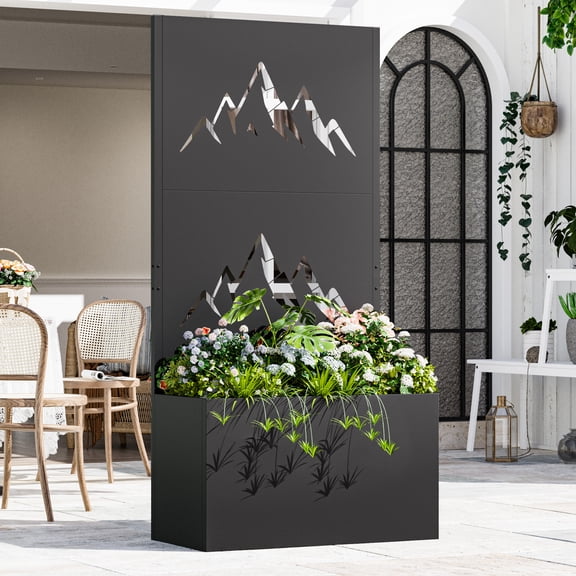 Modern Shade Black Freestanding Metal Privacy Screen Room Divider with Flower Box
