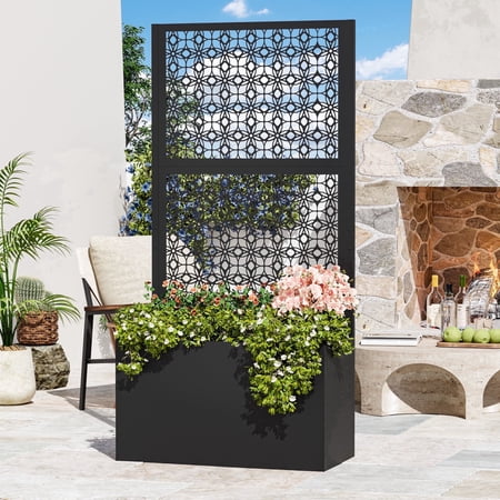 Modern Shade 6x3 FT Metal Planter Box with Trellis Privacy Screen, Raised Garden Bed with Drainage Holes for Climbing Plants, Petal Weave
