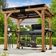 Modern Cedar Wood Grill Gazebo with Steel Roof & Shelving, 6 x 8, Patio BBQ Gazebo with USB Charging Ports