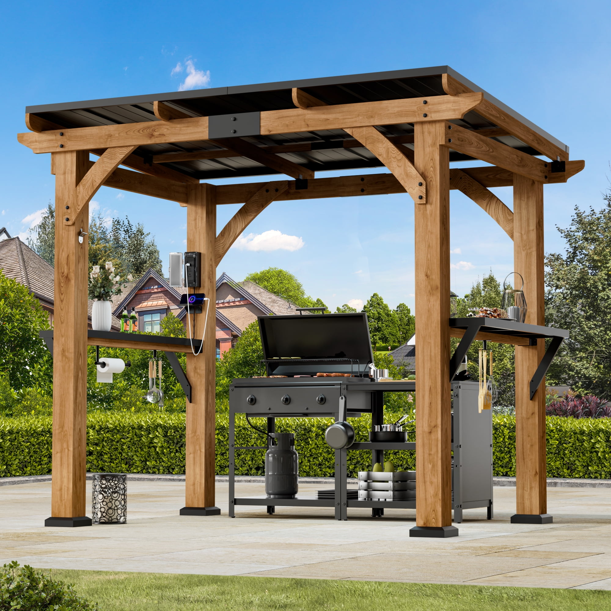 Modern Shade 6'x8' Cedar Bbq Gazebo with Galvanized Steel Roof, Tool Shelves & Dual USB Ports Grill Shelter with Paper Towel Holder for Patio/Backyard
