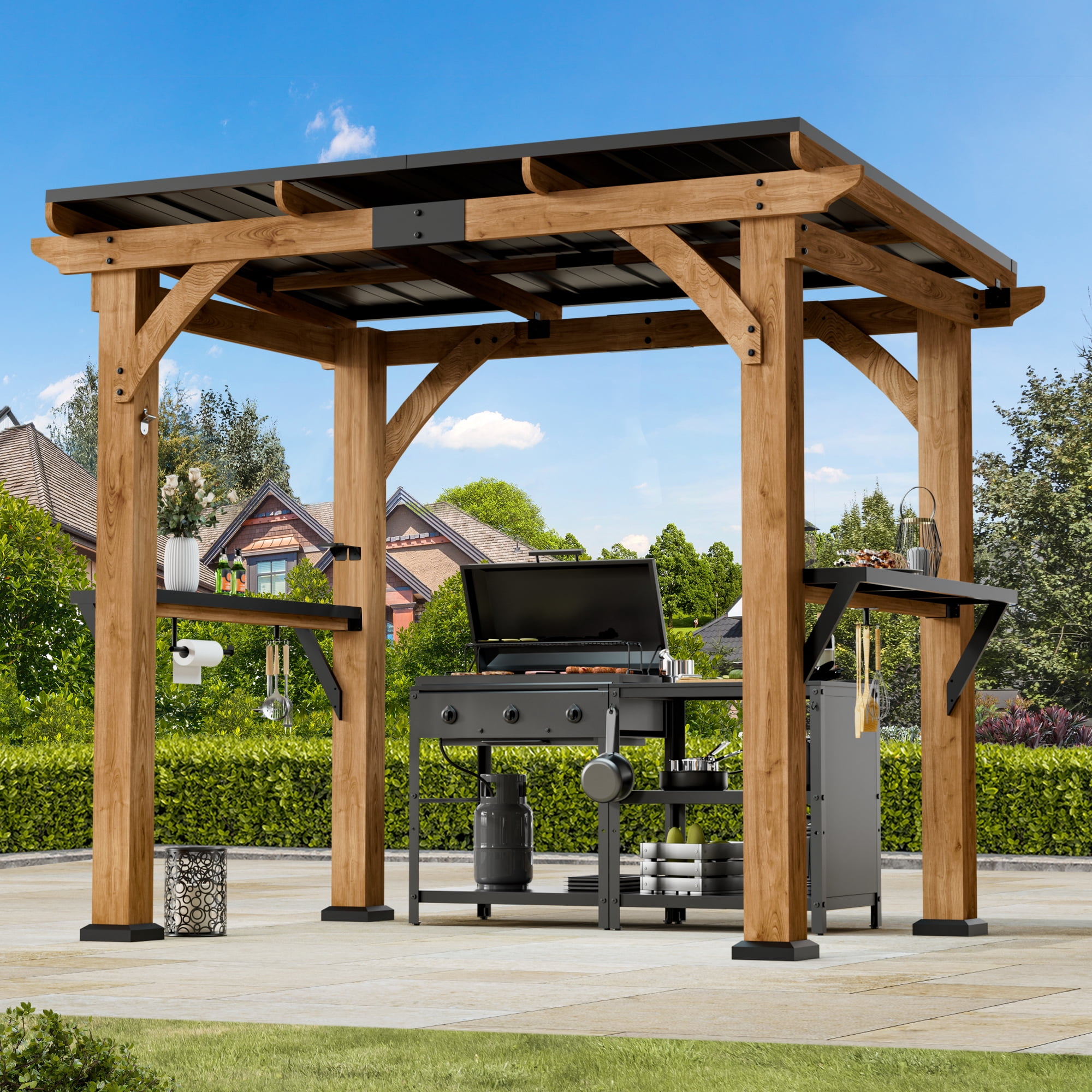 Modern Cedar Wood Grill Gazebo with Steel Roof & Shelving, 6' x 8', Patio BBQ Gazebo with USB Charging Ports