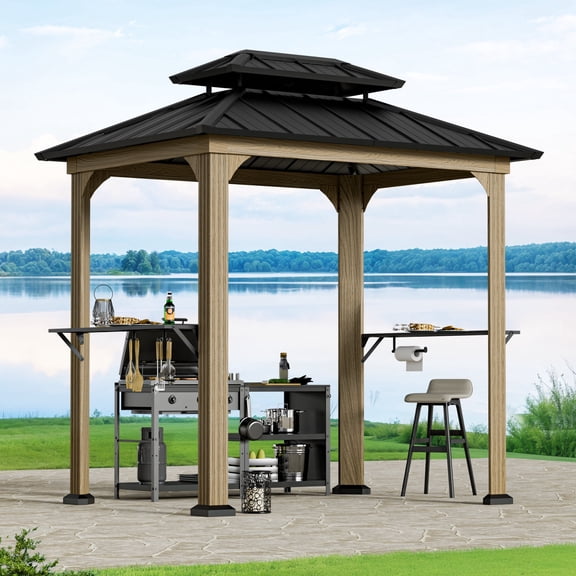 Modern Shade 6' x 8' Aluminum Grill Gazebo, Galvanized Steel Hardtop with Shelves, Ceiling Hook & Extra-Wide Columns, Wood Grain