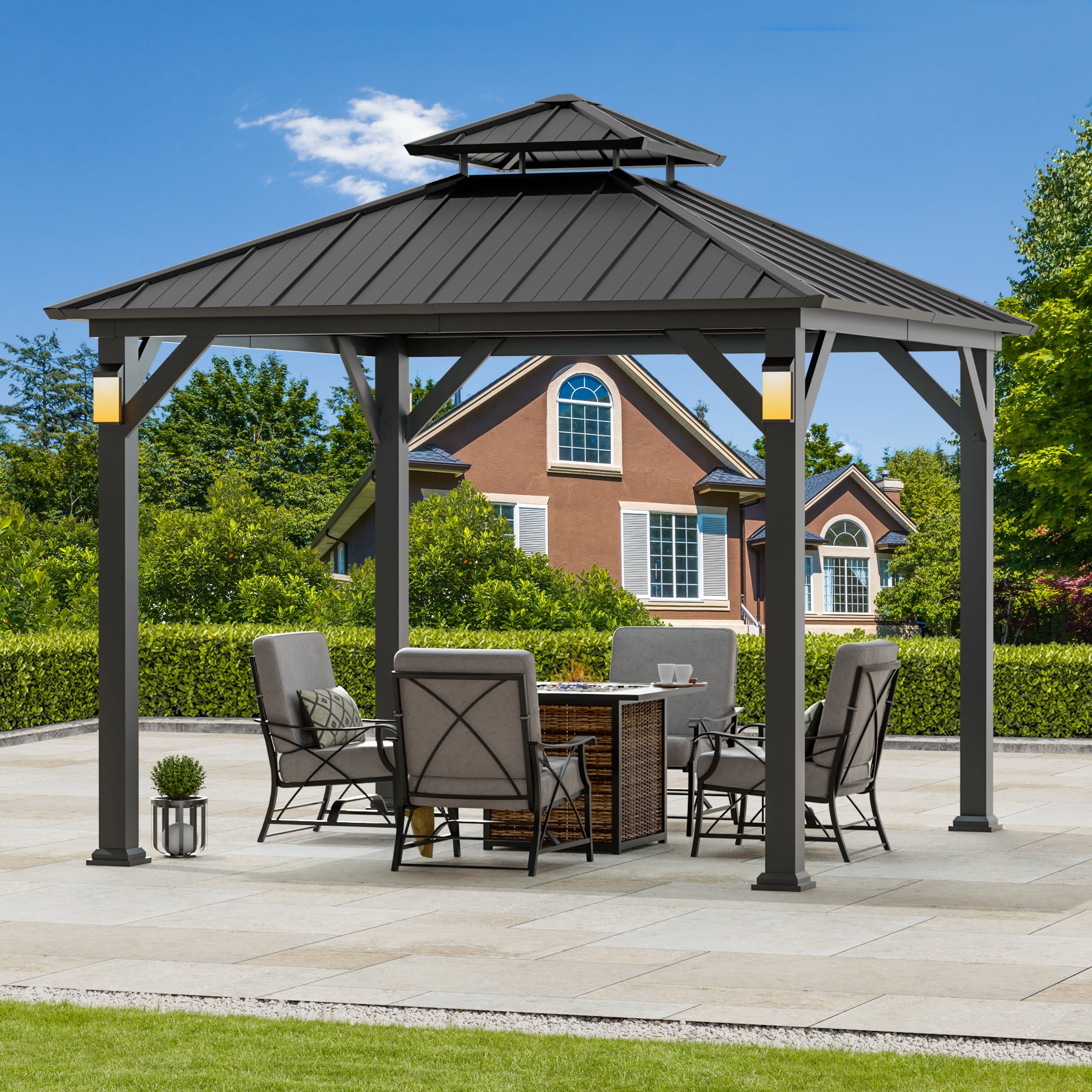 Walmart Coupons of Modern Shade 10'x10' Hardtop Gazebo, Metal Frame, Steel Roof, LED Lights, Outdoor Ventilated Waterproof Pavilion