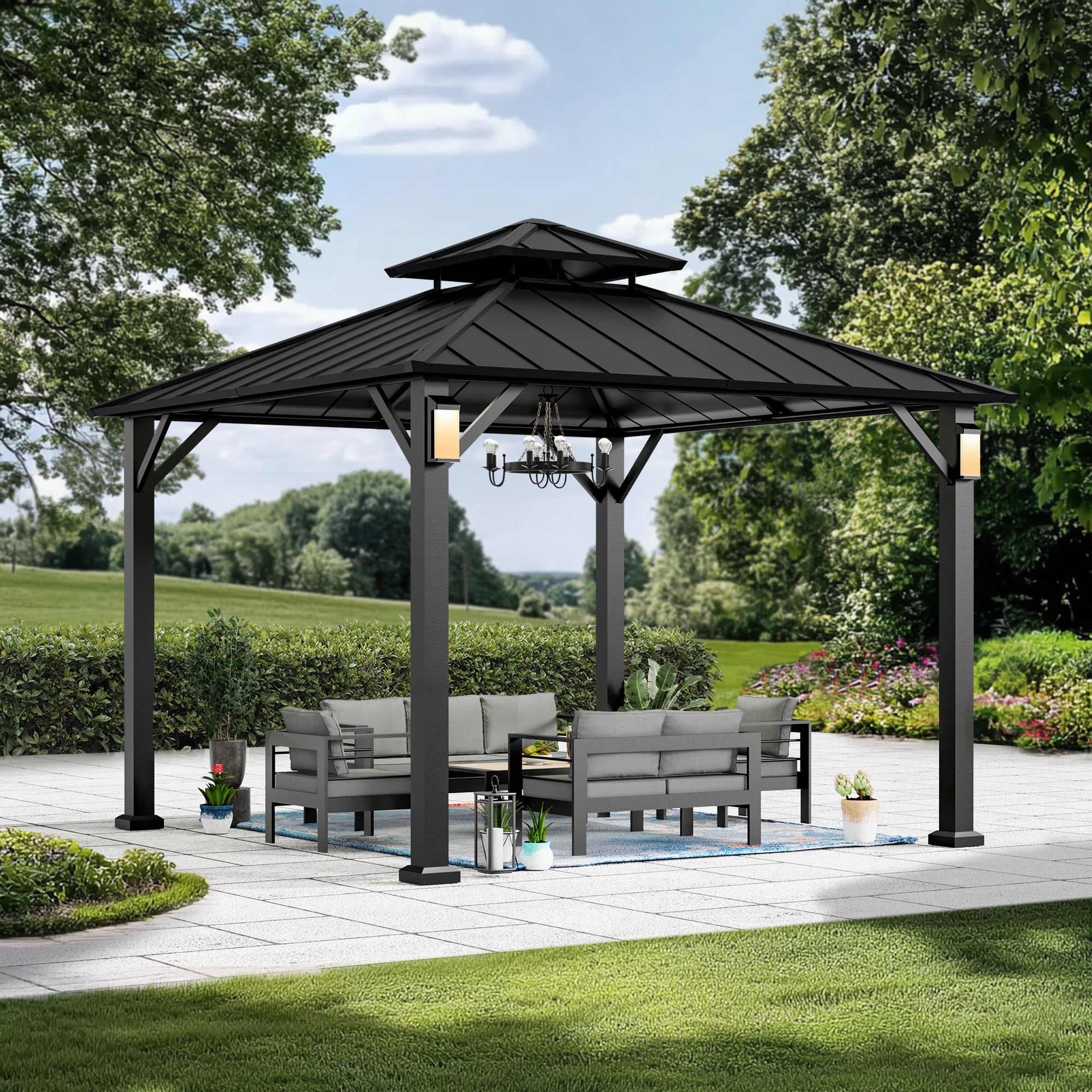 Modern Shade 10' x 10' Hardtop Metal Gazebo with Galvanized Steel Roof, LED Lights for Backyard, Deck, Garden