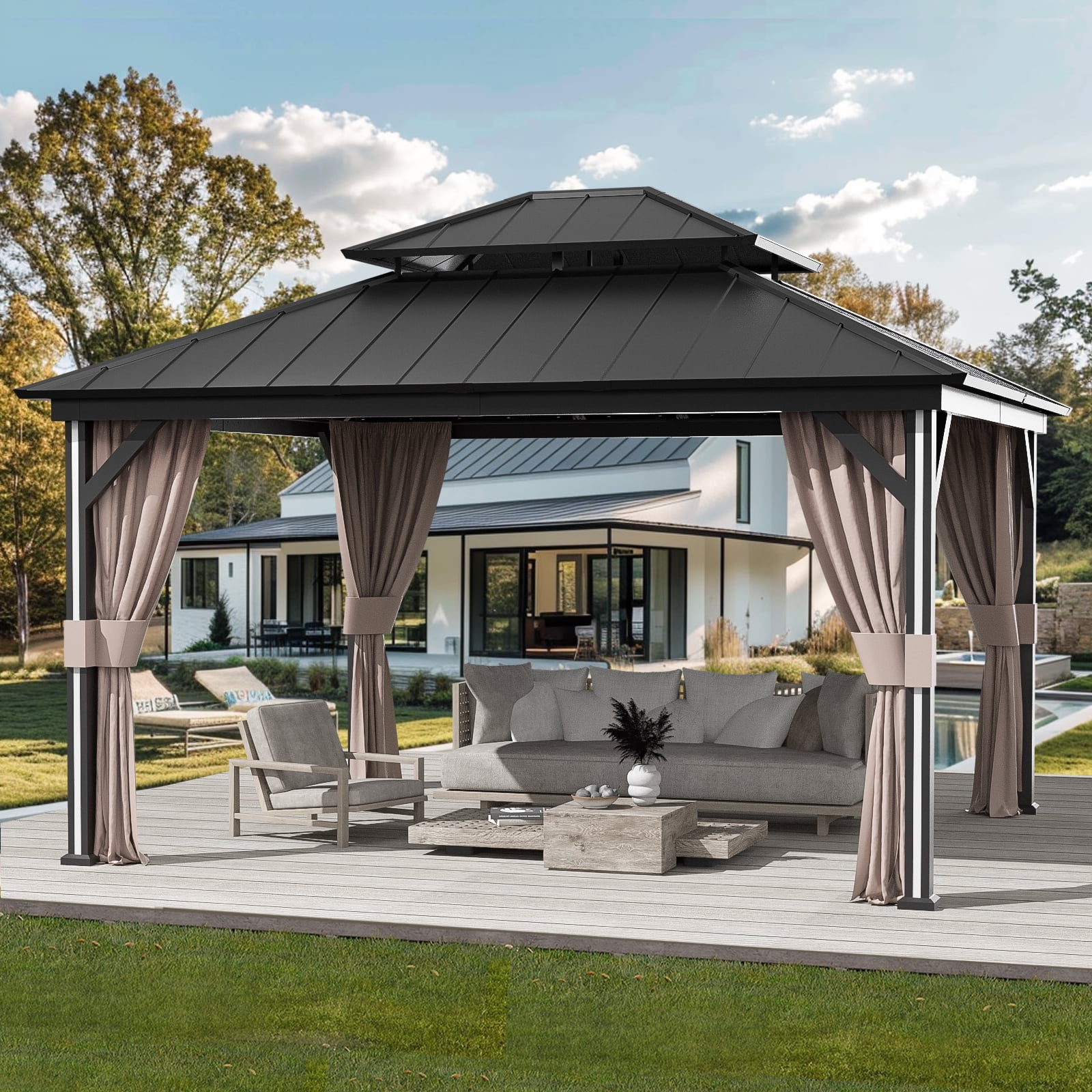 Modern Shade Hardtop Gazebo 12' x 14', Gazebo with 4 LED Lights