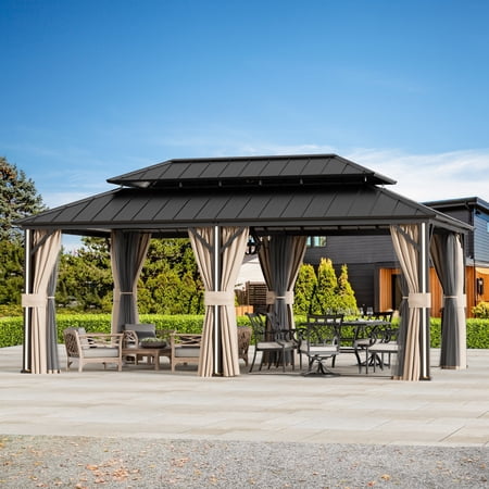 Modern Shade 12' x 20' Steel Hardtop Patio Gazebo with Double Roof, LED Lights, USB Ports, Curtains & Netting