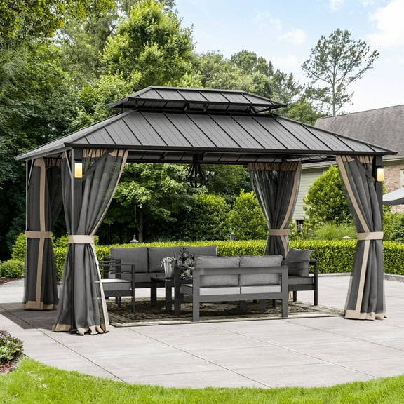 Modern Shade The Horizon Hardtop Gazebo - 10' x 14' Black Double Steel Roof with 4 Solar LED Lights