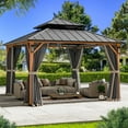 thumbnail image 1 of Modern Shade Hardtop Gazebo 12' x 12' with 4 LED Lights, Permanent Gazebo with Double Galvanized Steel Roof for Outdoor Backyard, Brown, 1 of 8
