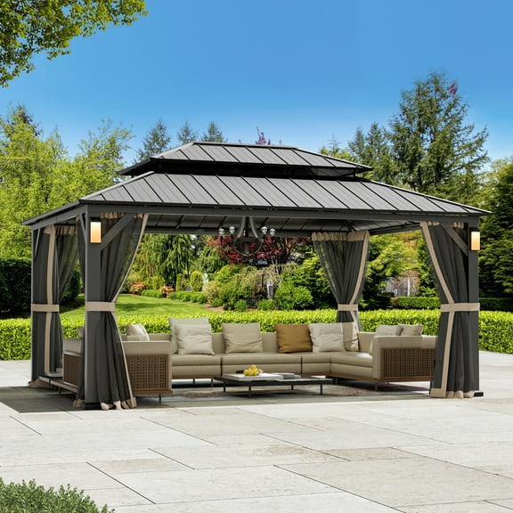 Modern Shade Hardtop Gazebo 12' x 24' with 4 LED Lights, Permanent Gazebo with Double Galvanized Steel Roof for Outdoor Backyard, Brown clearance