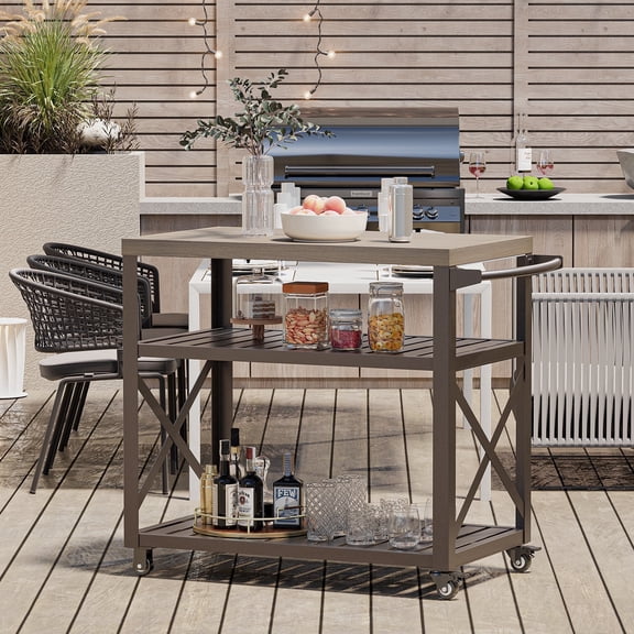 Modern Shade Grill Cart with Locking Wheels Heavy Duty Waterproof Wood Grain Top Swivel Casters Easy Clean Surface for Patio Cooking
