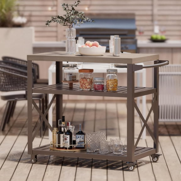 Modern Shade Grill Cart with Locking Wheels Heavy Duty Waterproof Wood Grain Top Swivel Casters Easy Clean Surface for Patio Cooking