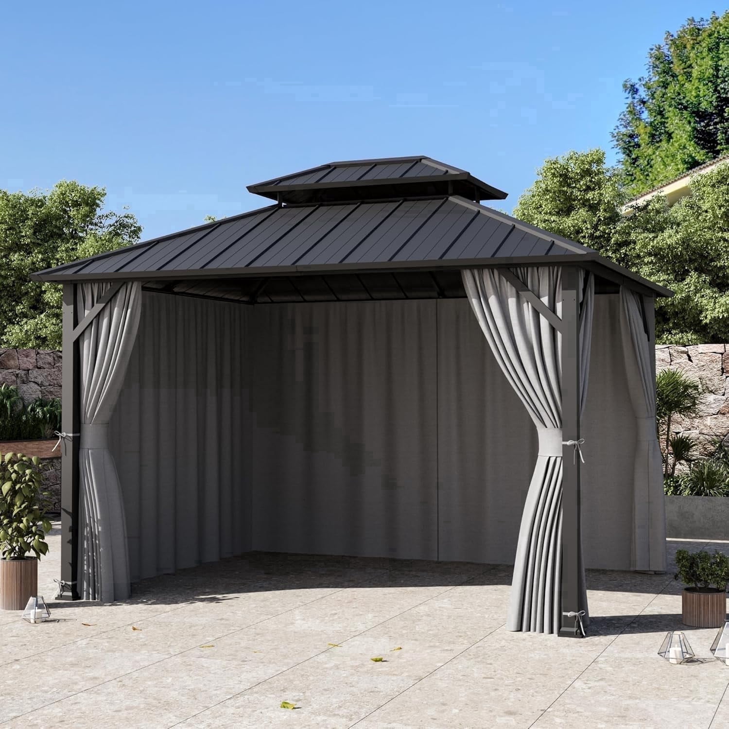 Covered Outdoor Universal 10' x12' Gazebo Curtain Replacement 4 Panel Waterproof Grey Sidewalls Curtain Only