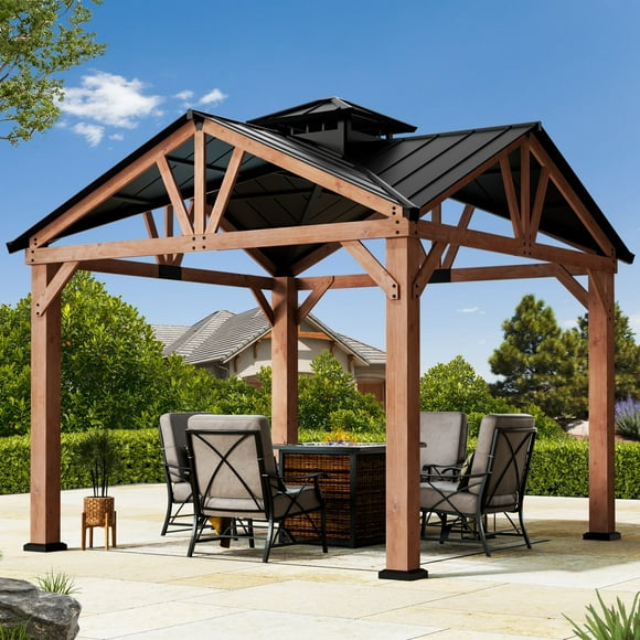 Modern Shade 12’ x 12’ Gazebo Cedar Wood with Galvanized Steel Roof 4-Gable Design for Backyard Patio Natural Wood