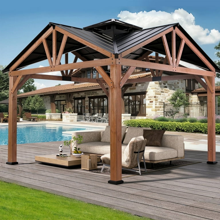 Modern Shade 12' x 12' Metal Wooden Hard Cover Cedar Gazebo with