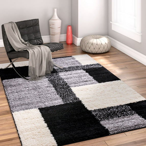 Modern Shag Geometric 5x7 ( 5' x 7'2'' ) Area Rug Cubes Black & Cream Plush Shag Blocks & Squares Plush Shag Easy Care Thick Soft Plush Living Room