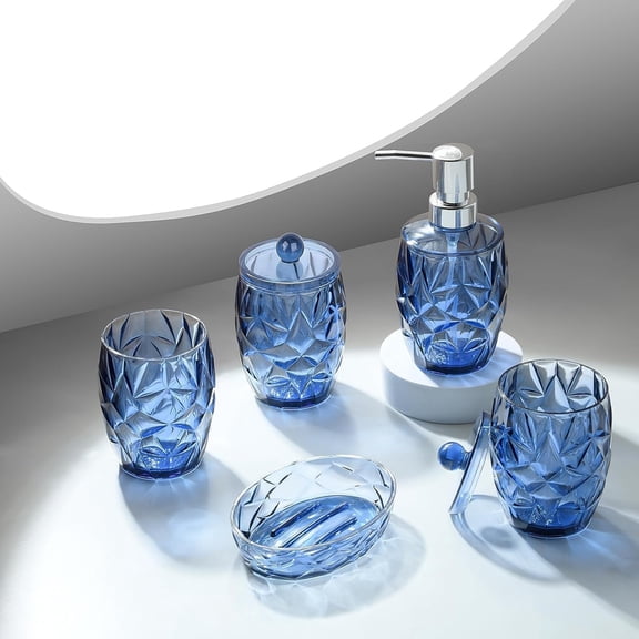 Modern Shatterproof Acrylic Cobalt Blue Bathroom Accessories Set 5-Piece Glass-Free Vanity Set with Soap Dispenser, Toothbrush/Makeup Brush Holder