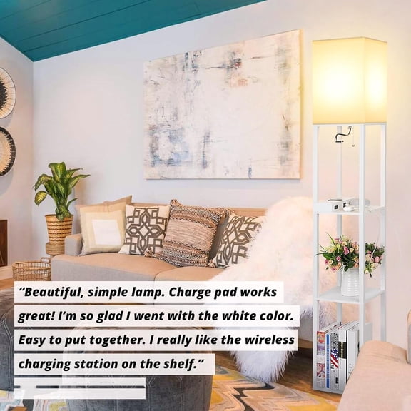 Modern Shelf Floor Lamp with Wireless Charger & Fast Charging USB Ports & Type C Port & 2 Power Outlets,3 Tier Storage Lamp for Bedroom,White