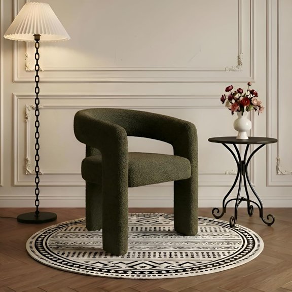 Modern Sherpa Barrel Dining Chair Upholstered Faux Fur Dining Room Chair with Arm Comfy Accent Side Chair for Kitchen/Living Room/Reception, Green, 1 PC