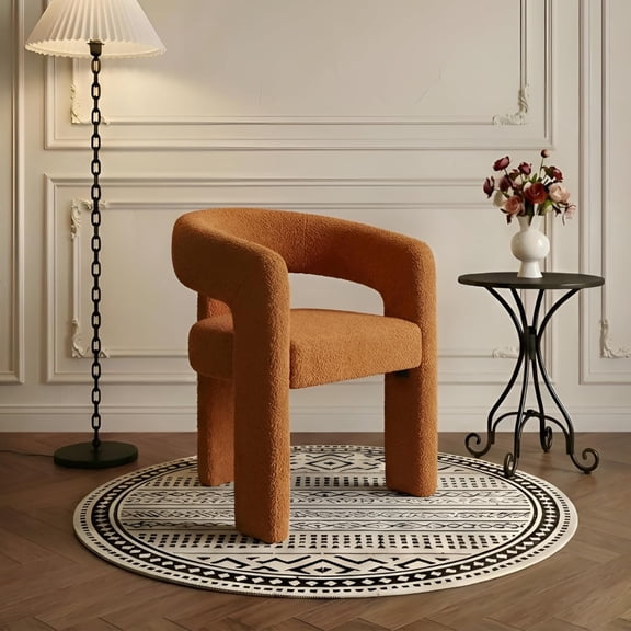 Modern Sherpa Barrel Dining Chair Upholstered Faux Fur Dining Room Chair with Arm Comfy Accent Side Chair for Kitchen/Living Room/Reception, Terra Cotta, 1 PC