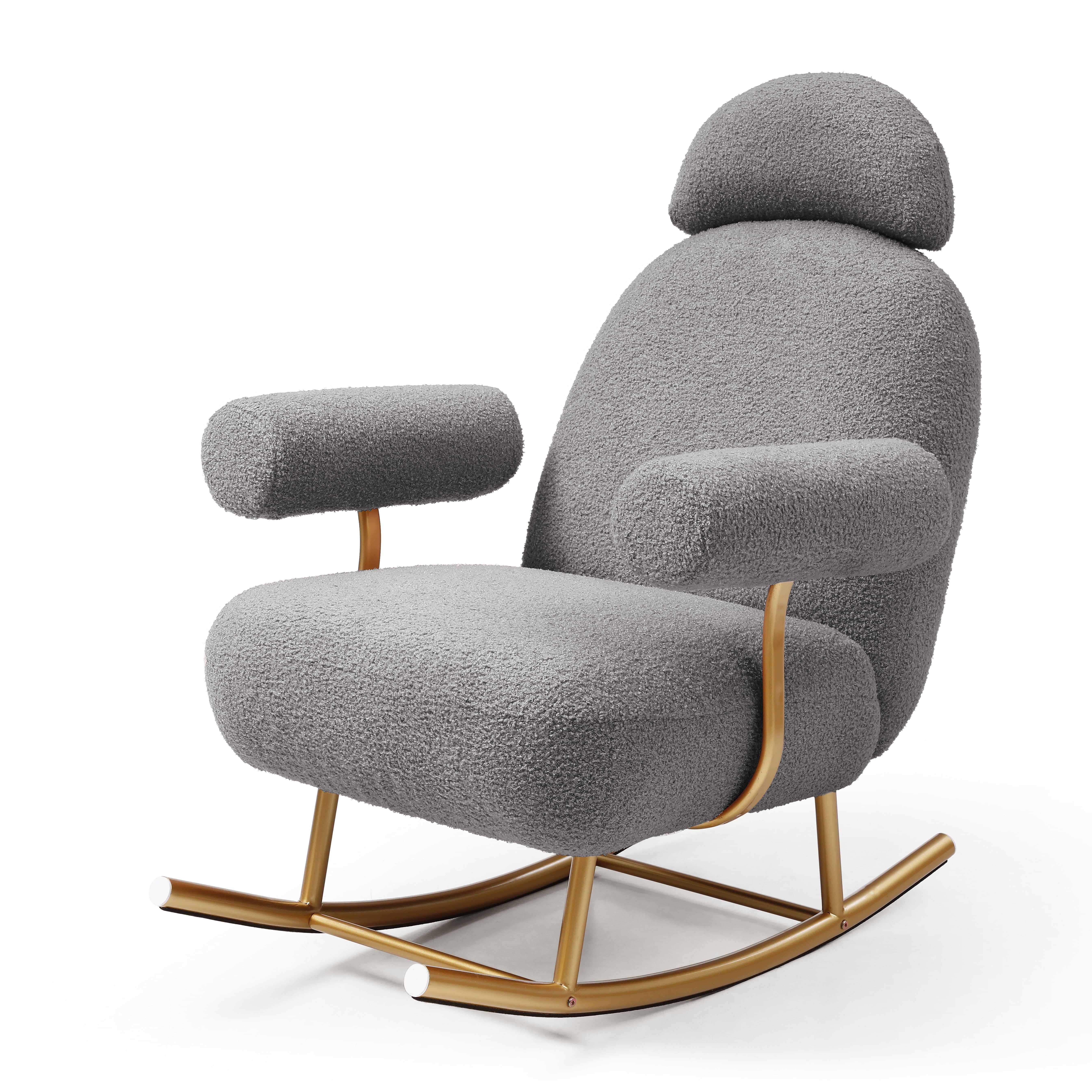 Modern Sherpa Fabric Nursery Rocking Chair - Grey Upholstered Rocker Glider Chair with Gold Metal Frame - Comfy Armchair for Baby and Kids - Leisure Sofa Chair for Nursery/Bedroom/Living Room/Office