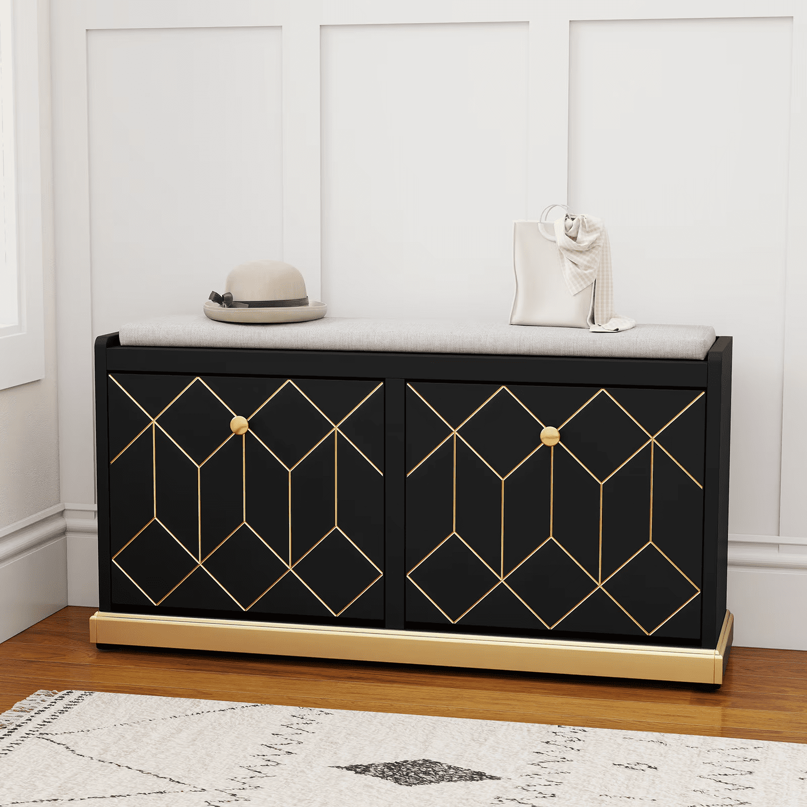 Modern Shoe Bench with Storage, Entryway Bench with 2 Flip Drawers & Padded Cushion Seat, Upholstered Shoe Rack Organizer for Hallway, Closet, Living Room