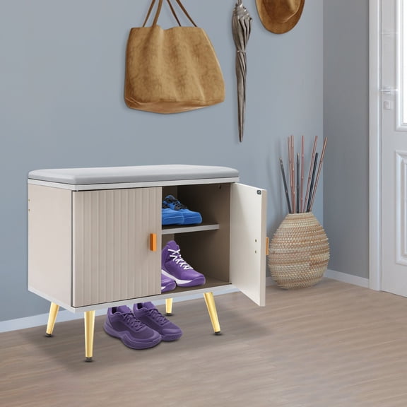 Modern Shoe Bench with Storage, Light Grey Entryway Stool, 60x32x50cm