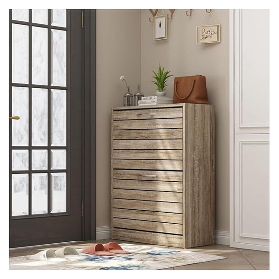 Modern Shoe Cabinet with 2 Drawers, Freestanding Shoe Storage Cabinet, Shutter Design, Shoe Storage Organizer for Hallway Entryway Light Brown (22.4W x 9.4D x 29.5H)