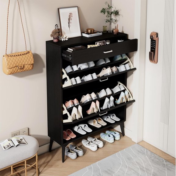 Modern Shoe Cabinet with 2 Flip Drawers, Multifunctional 3-Tier Shoe Storage Organizer with Drawers, Free Standing Shoe Rack for Entrance Hallway (Black)