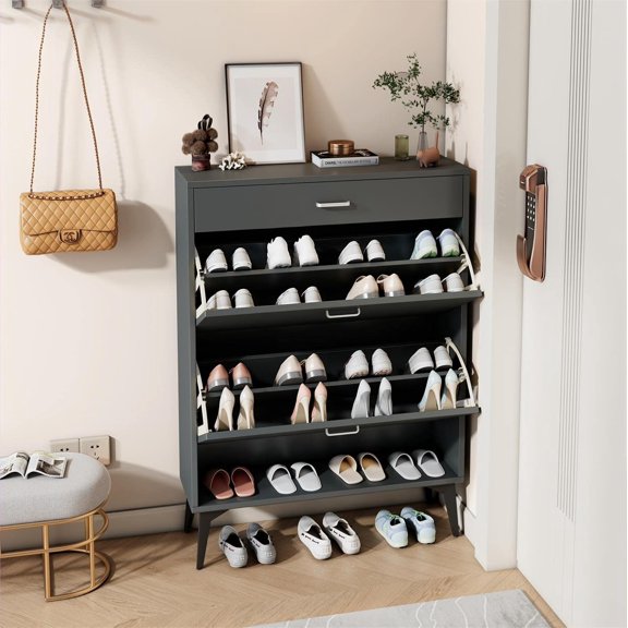 Modern Shoe Cabinet with 2 Flip Drawers, Multifunctional 3-Tier Shoe Storage Organizer with Drawers, Free Standing Shoe Rack for Entrance Hallway (Gray)