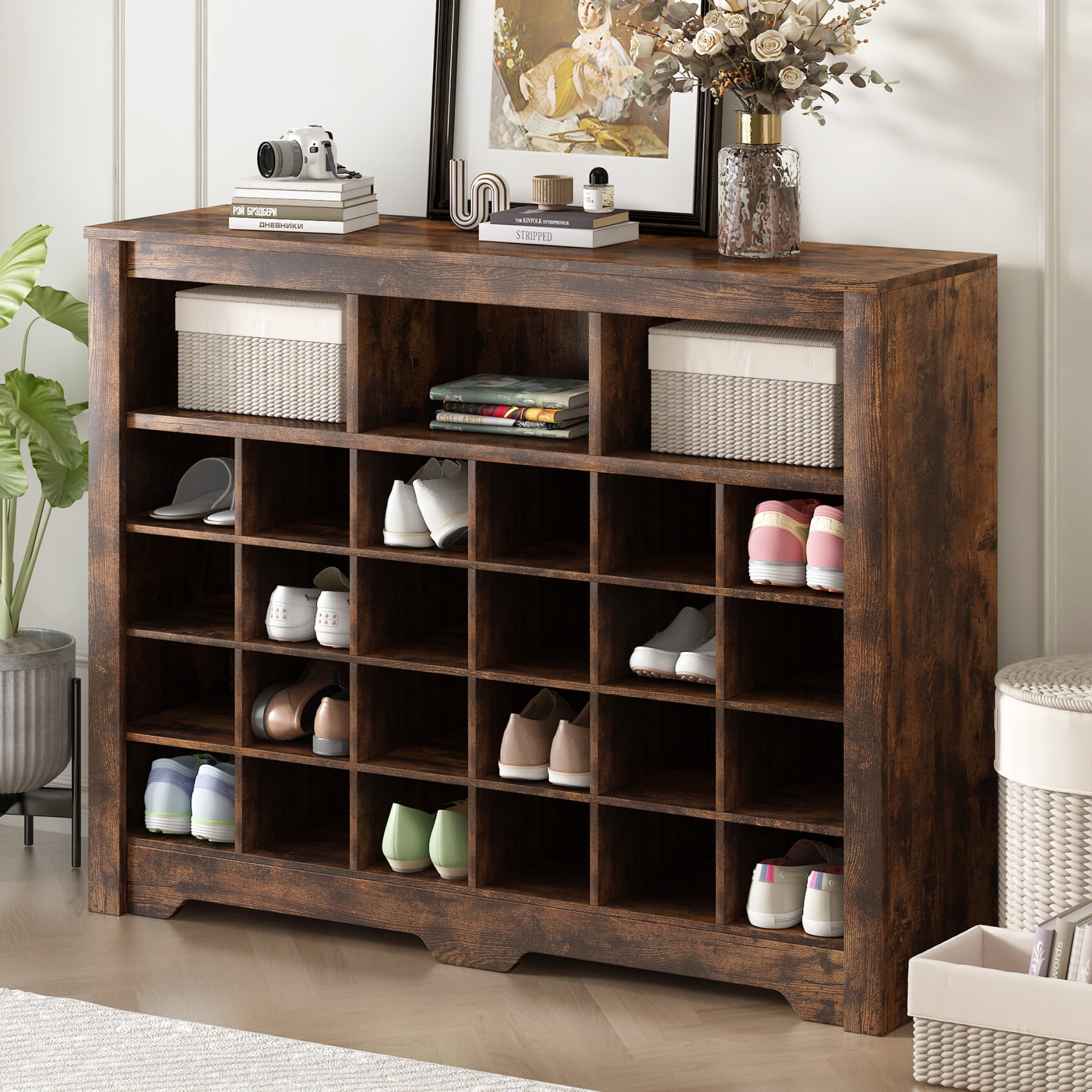 Modern Shoe Cabinet with 24 Shoe Cubby Console Multi functional Shoe Rack with High quality Particle Board Shoe Storage Cabinet for Entryway Living Room Hallway Rustic Brown Walmart