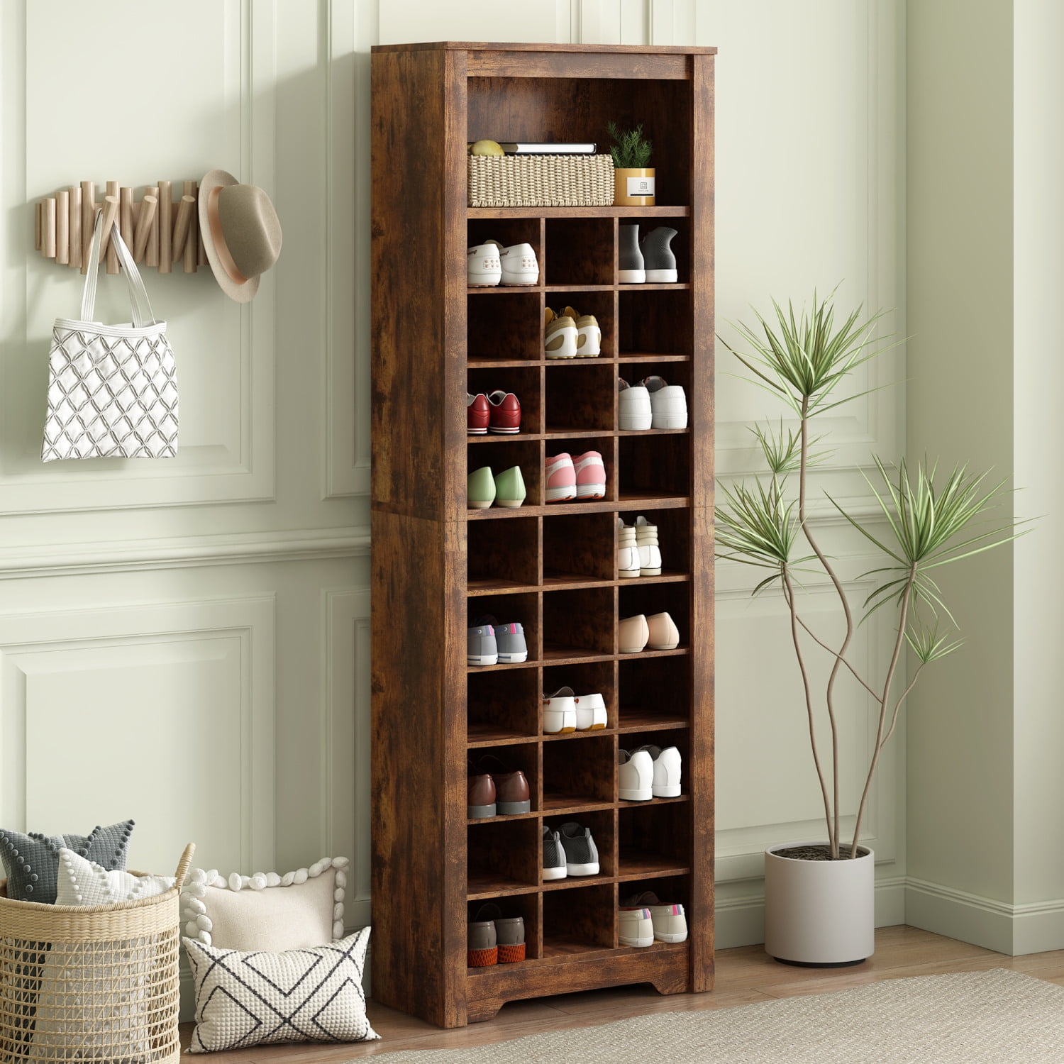 Modern Shoe Cabinet with 30 Shoe Cubby Console Multi functional Shoe Rack with High quality Particle Board Shoe Storage Cabinet for Entryway Living Room Hallway Rustic Brown Rustic Brown Walmart
