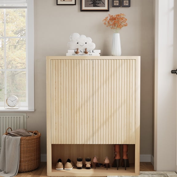 Modern Shoe Cabinet,Shoe Storage Organizer Cabinet,Fluted Shoe Cabinet with Doors and Shelves, 5-Tier Wooden Storage Cabinet