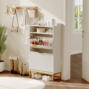 Modern Shoe Cabinet with 2 Flip Drawers & Open Storage Shelf,Shoes Rack with Adjustable Levels,Gold Metal Handles&Fluted Panel for Entryways