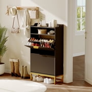Modern Shoe Cabinet with 2 Flip Drawers & Open Storage Shelf,Shoes Rack with Adjustable Levels,Gold Metal Handles&Fluted Panel for Entryways