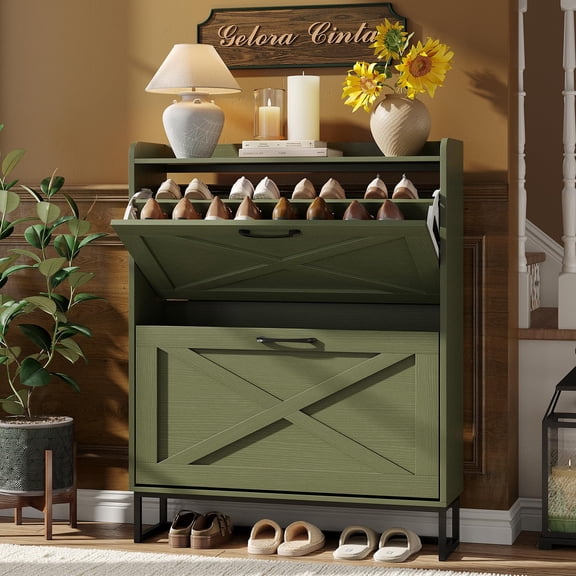 Modern Shoe Cabinet with 2 Flip Drawers, Slim Entryway MDF Rack with Metal Legs