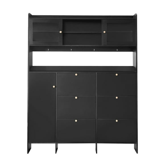 Modern Shoe Cabinet with Open Storage Shelf, 3 Flip Drawers and 4 Hanging Hooks, Tempered Glass Hall Tree Storage Cabinet