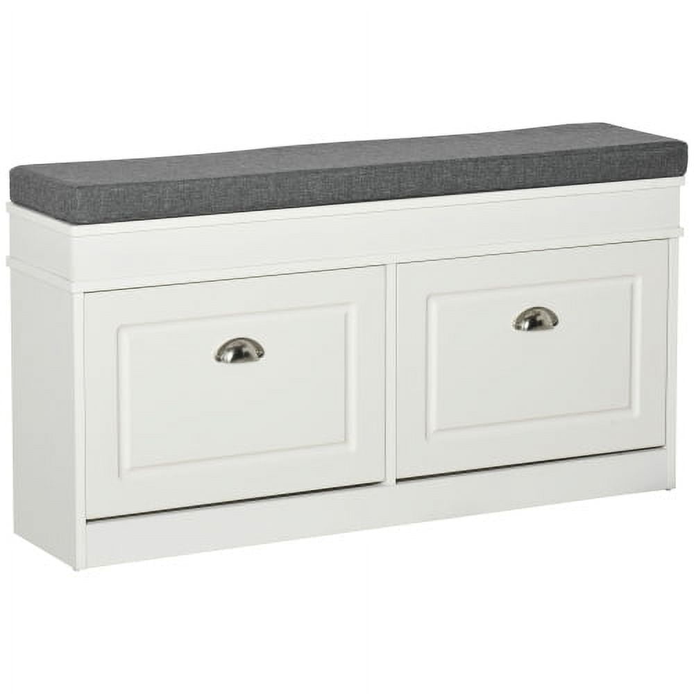 White Modern Shoe Rack Bench with Gray Cushion and Storage Drawers