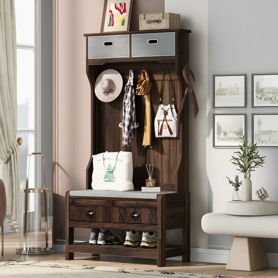 Modern Shoe Rack with Hooks and Removable Storage Boxes, Entryway Bench with Drawers&Shelf, Hall Tree with Coat Hanger for Entrance, Hallway, Bedroom, Brown