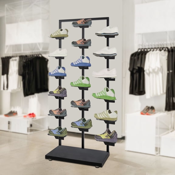 Modern Shoe Rack, Oak & Iron Construction, 24.25lbs Load with High-Temp Baking Paint Finish, Sponge-Padded Holders, for Retail, Display Use