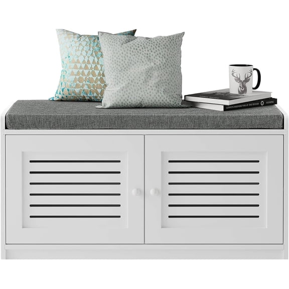 Modern Shoe Storage Bench w/Adjustable Shelves & Cushioned Seat, White